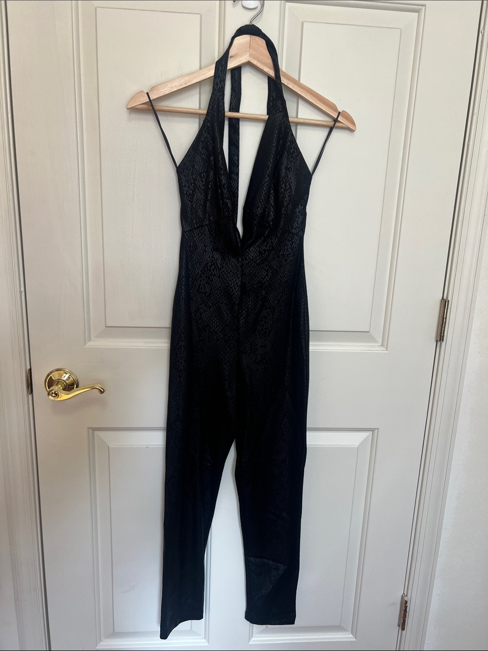 Dress the Population Black Snake-Texture Halter Jumpsuit